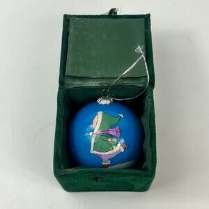 Hand Painted Blue Glass Christmas Ornament Reverse Painted Holiday With Box